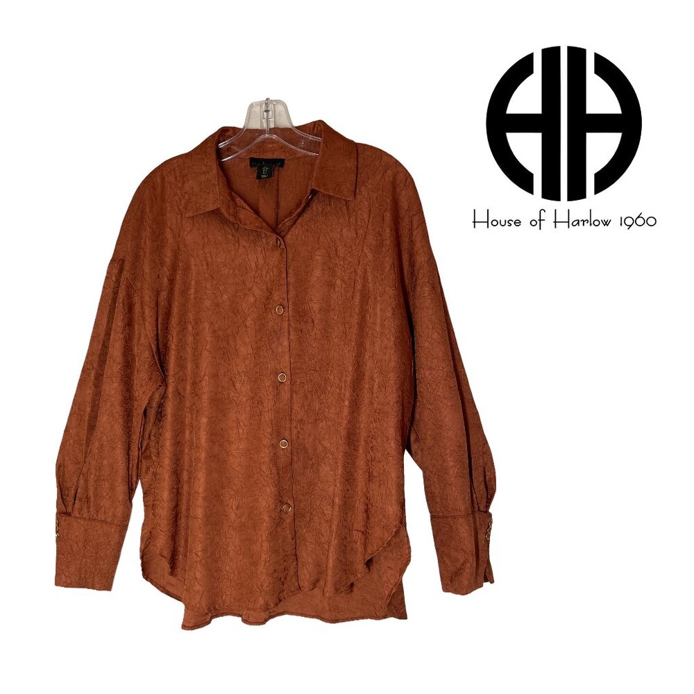 House of Harlow 1960 Top L Womens Orange Crinkle Texture Button Tunic Shirt